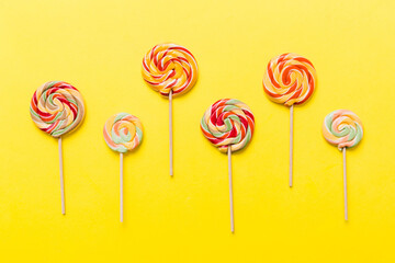 Set of colorful lollipops on colored background. Summer concept. Party Happy Birthday or Minimalist Concept