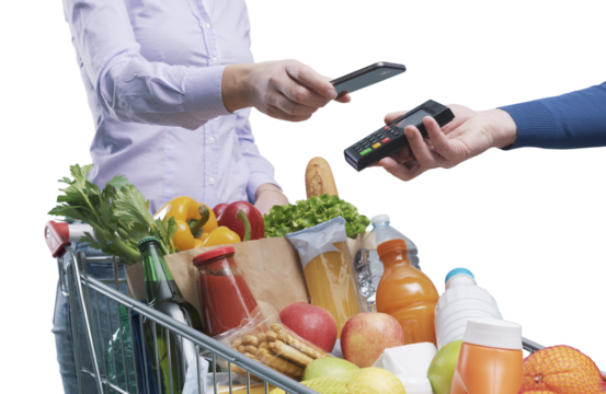 PNG file no background Woman paying for groceries using her smartphone