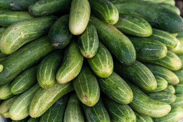 A stack of cucumbers at a local farmers market.
