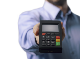 PNG file no background Businessman showing a POS terminal