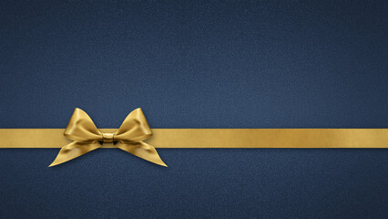 Blank gift greeting card with golden shiny ribbon bow tape, isolated on blue background, top view...