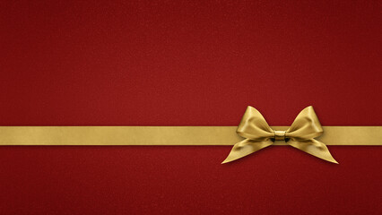 Blank gift greeting card with golden shiny ribbon bow tape, isolated on red background, top view...