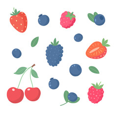 Summer berries set. Strawberry, raspberry, blueberry. Vector flat illustration. 