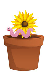 cartoon scene clay pot for flowers with worm