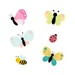 Insect set, cute cartoon butterflies, ladybug, bee. Kids collection. Vector flat illustration.