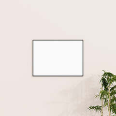 Minimal frame mockup on white wall with plant. Poster mockup. Clean, modern, minimal frame. 3d rendering.