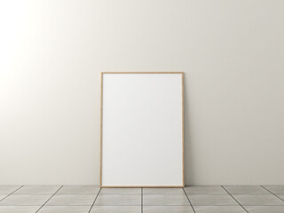 Photo frame mockup. Frame poster on marble floor with white wall. 3d rendering.