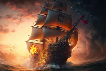 AI generated image of a Spanish galleon ship fighting a pirate ship