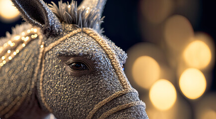 Grey donkey in intricate lace, beautiful grey fiction donkey, cute donkey, close up donkey head, season, Christmas, winter, greetings, illustration, digital