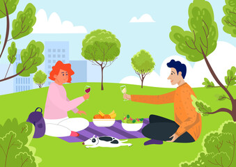 Cheerful happy people together romantic outdoor city park picnic date, couple in love spend joyful time flat vector illustration.