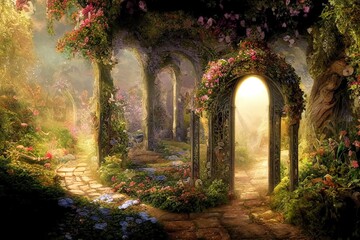 Archway in an enchanted fairy garden landscape, can be used as background