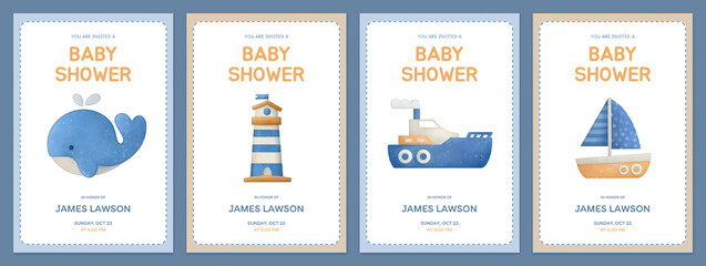 Fototapeta na wymiar Baby shower watercolor design elements. Set of baby birthday illustration. Newborn party invitation