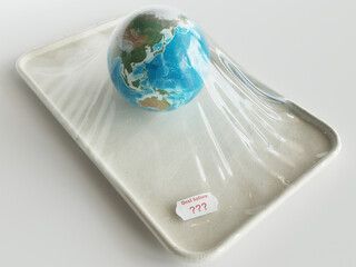 Earth globe in vacuum packaging with english expiry date - Global warming concept work -3D rendering