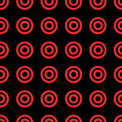 Seamless abstract pattern of red circles on a black background.