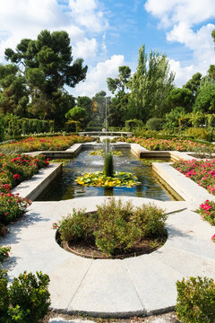 View of the fountain in the Rosaleda of El Retiro park. Madrid - Spain