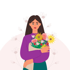 A young woman with a bouquet of flowers in her hands. Vector illustration in flat style.