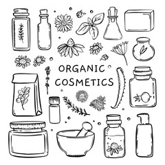 ORGANIC COSMETICS Monochrome Hand Drawn Sketch Set For Design And Farmaceutics Vector Collection Of Medicinal Plants Their Elements And Packages Finished Drugs