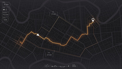 Gps map navigation to own house. View from above the map buildings. Detailed view of city. Tracking car location.. City top view. Abstract background. Flat style, Vector, illustration isolated.