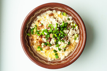 national traditional Ukrainian dish made from corn grits banosh with lard crackers and bryndza food...