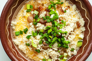 national traditional Ukrainian dish made from corn grits banosh with lard crackers and bryndza food of countries of the world gastrotourism Hutsul cuisine of the Carpathians