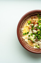 national traditional Ukrainian dish made from corn grits banosh with lard crackers and bryndza food of countries of the world gastrotourism Hutsul cuisine of the Carpathians