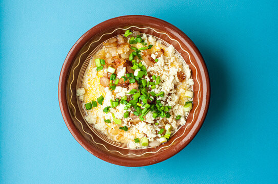 national traditional Ukrainian dish made from corn grits banosh with lard crackers and bryndza food of countries of the world gastrotourism Hutsul cuisine of the Carpathians