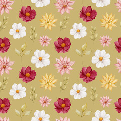 Vintage floral watercolor seamless pattern. Spring, summer floral watercolor digital paper. 