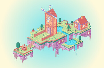 Isometric village concept with house mill. Vector illustration.