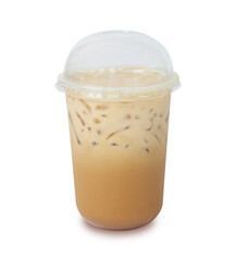 Summer drink Fresh Iced coffee nescafe in plastic glass with ice.There is a mixture of milk to drink and feel refreshed. Isolated on white background including clipping path. Selective focus.