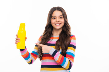 Girl holds water bottle. Kid girl care body hydration. Active leisure and water balance. Active and healthy kid drink water. Staying hydrated. Happy girl face, positive and smiling emotions.