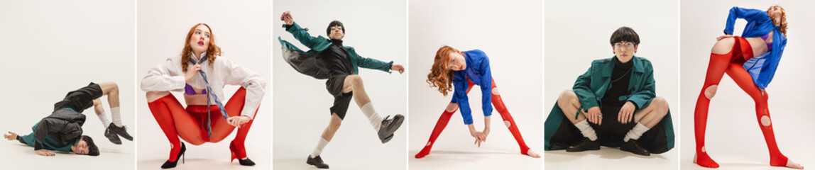 Collage. Stylish young man and woman in extraordinary bright clothes posing isolated over grey background. Self-expression