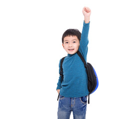 Happy asian kid student raising hand
