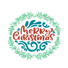 Calligraphic text of marry Christmas celebration. with a floral round shape decoration background.	