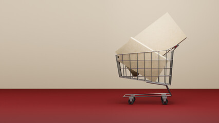 Shopping cart filled with cardboard boxes, 3d rendering. Mockup design of a supermarket wheel basket with presents, concept of product sale, consumerism, discounts