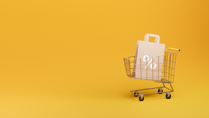 Shopping cart with paper shopping bag and discount sign, 3d rendering. Mockup design of a supermarket wheel basket with purchased items, concept of seasonal sale, consumerism, marketing discount