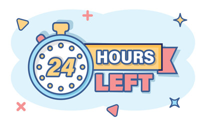 24 hours service icon in comic style. All day business and service cartoon vector illustration on isolated background. Quick service time splash effect sign business concept.