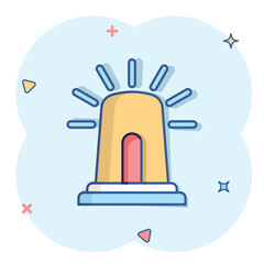 Obraz premium Emergency alarm icon in comic style. Alert lamp cartoon vector illustration on isolated background. Police urgency splash effect sign business concept.