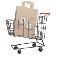Shopping cart with paper shopping bag and discount sign, 3d rendering. Mockup design of a supermarket wheel basket with purchased items, concept of seasonal sale, consumerism, marketing discount