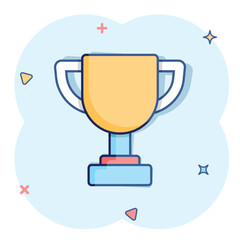 Trophy cup icon in comic style. Goblet prize cartoon vector illustration on isolated background. Award splash effect sign business concept.