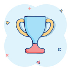 Trophy cup icon in comic style. Goblet prize cartoon vector illustration on isolated background. Award splash effect sign business concept.