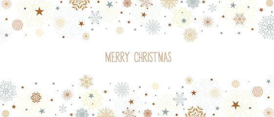Christmas New Year banner with pastel snowflakes border on white background. Template with copy space