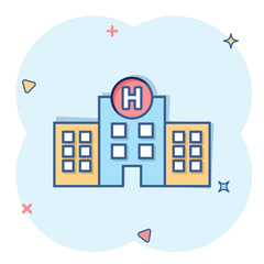 Hospital building icon in comic style. Medical clinic cartoon vector illustration on isolated background. Medicine splash effect sign business concept.