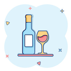 Wine glass and bottle icon in comic style. Champagne beverage cartoon vector illustration on isolated background. Cocktail drink splash effect sign business concept.