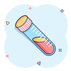 Blood in test tube icon in comic style. Laboratory flask cartoon vector illustration on isolated background. Liquid in beaker splash effect sign business concept.