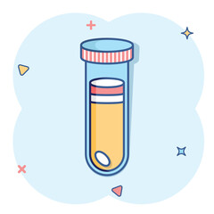 Blood in test tube icon in comic style. Laboratory flask cartoon vector illustration on isolated background. Liquid in beaker splash effect sign business concept.