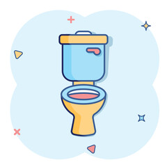 Toilet bowl icon in comic style. Hygiene cartoon vector illustration on isolated background. WC restroom splash effect sign business concept.