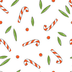 Seamless vector background with candy. Christmas pattern with candy canes and round candy vortex. Vector background for printing, winter holidays, greeting cards, fabric, textiles, wrapping paper.