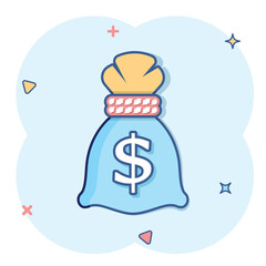 Money bag icon in comic style. Moneybag cartoon vector illustration on isolated background. Coin sack splash effect sign business concept.