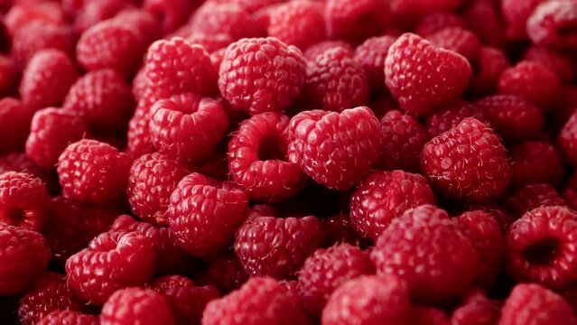 Close-up of beautiful sweet large fresh appetizing red raspberries in large quantities lies on top of each other. The concept of healthy food, organic products