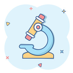 Microscope icon in comic style. Laboratory magnifier cartoon vector illustration on isolated background. Biology instrument splash effect sign business concept.